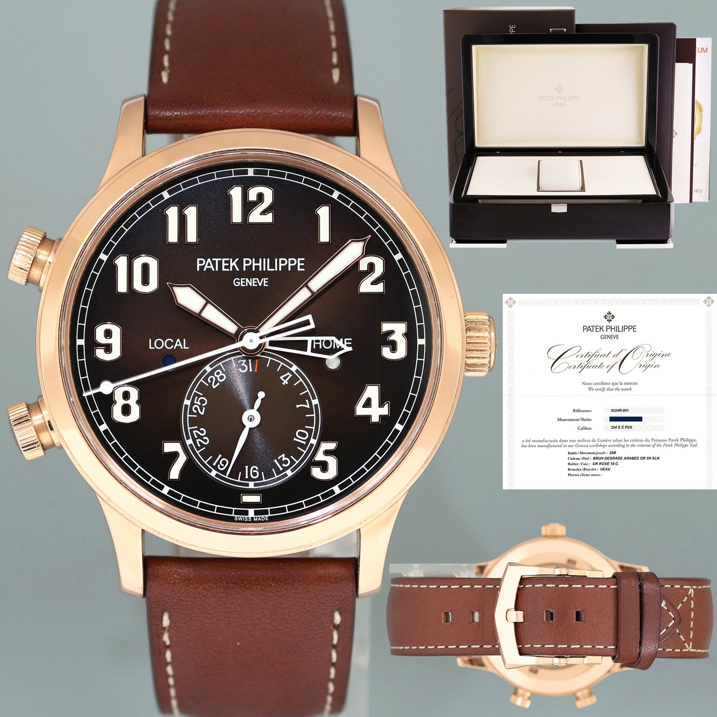 2022 PAPERS 5524R Patek Philippe Travel Time Leather Rose Gold Travel Time Watch Box