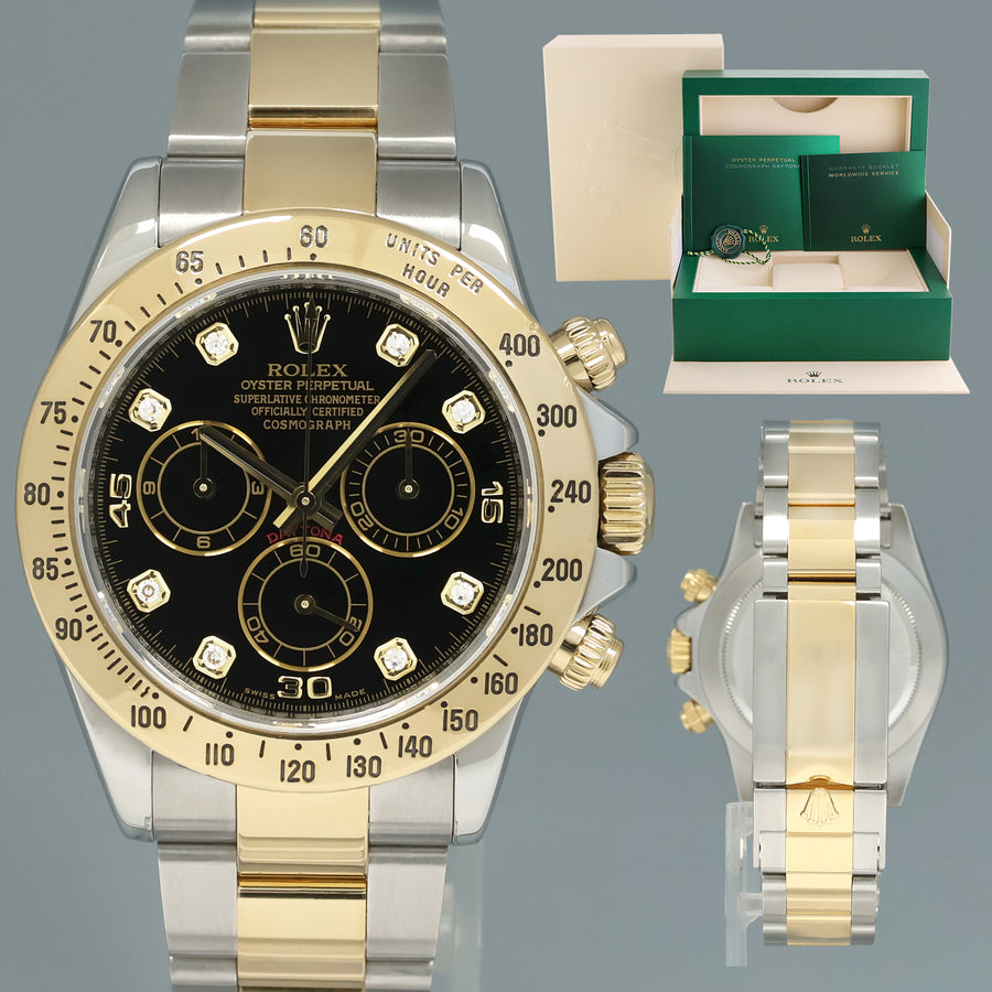 2009 MINT Rolex Daytona 116523 Black Diamond Dial Steel Yellow Gold Two Tone Watch