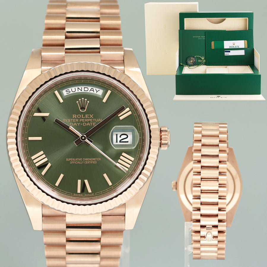 MINT PAPERS Rolex President 40mm Rose Gold Olive Green Roman 228235 Watch Box