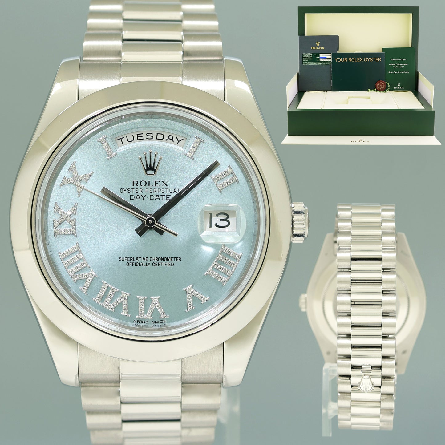 PAPERS MINT Rolex Day-Date 41mm Blue Diamond Roman Platinum President 218206 Watch