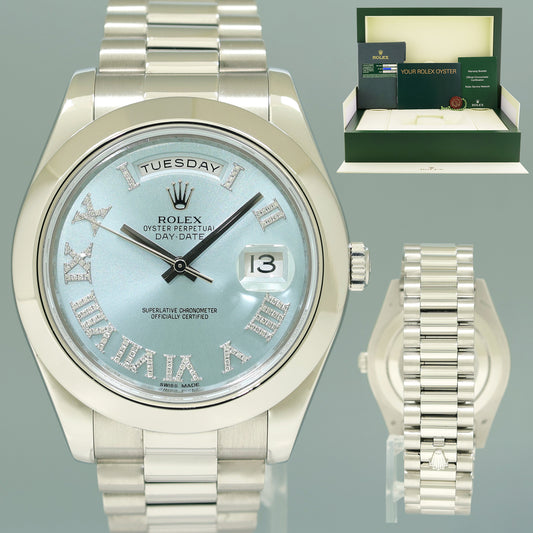 PAPERS MINT Rolex Day-Date 41mm Blue Diamond Roman Platinum President 218206 Watch