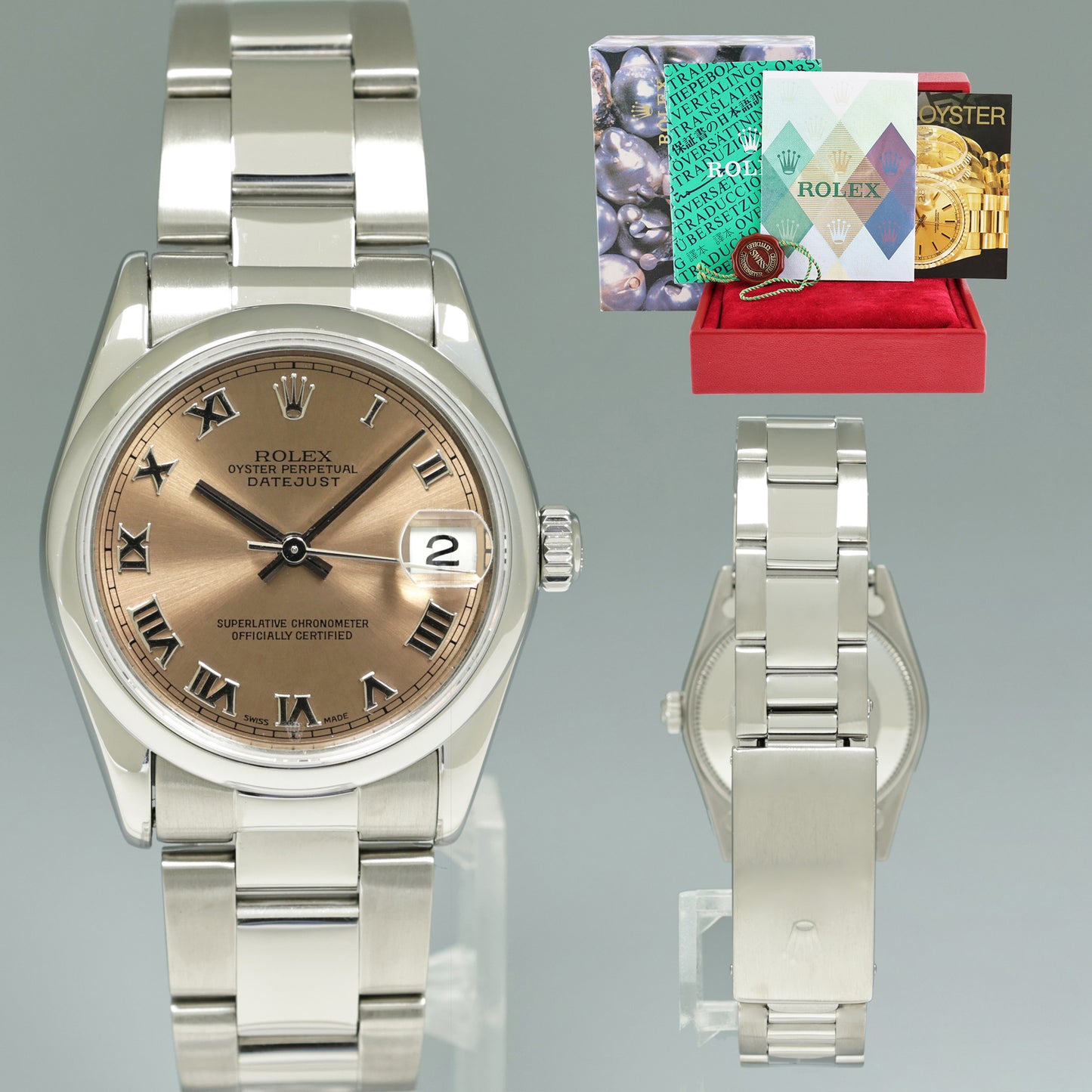 2005 PAPERS Ladies Rolex Midsize Salmon 31mm Datejust Oyster Steel 78240 Watch