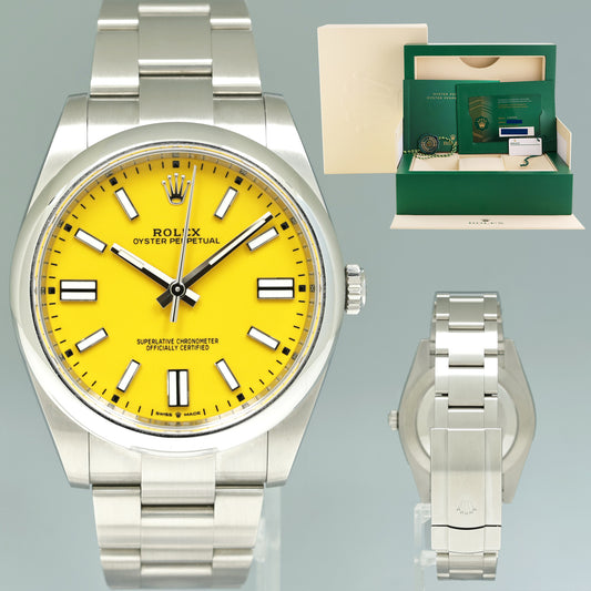 2021 NEW PAPERS Rolex Oyster Perpetual 41mm Yellow Stick Oyster Watch 124300 Box