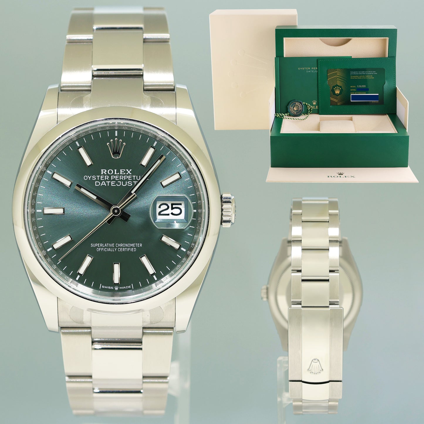 NEW 2023 PAPERS Rolex DateJust 36mm 126200 Steel Oyster Green Dial Watch Box