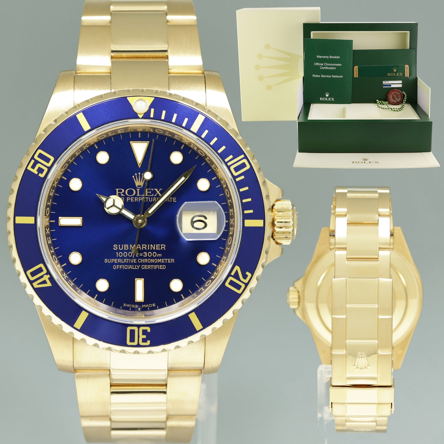 PAPERS 2008 Rolex 16618 Submariner Yellow Gold Blue Rehaut Sunburst Dial Watch Box