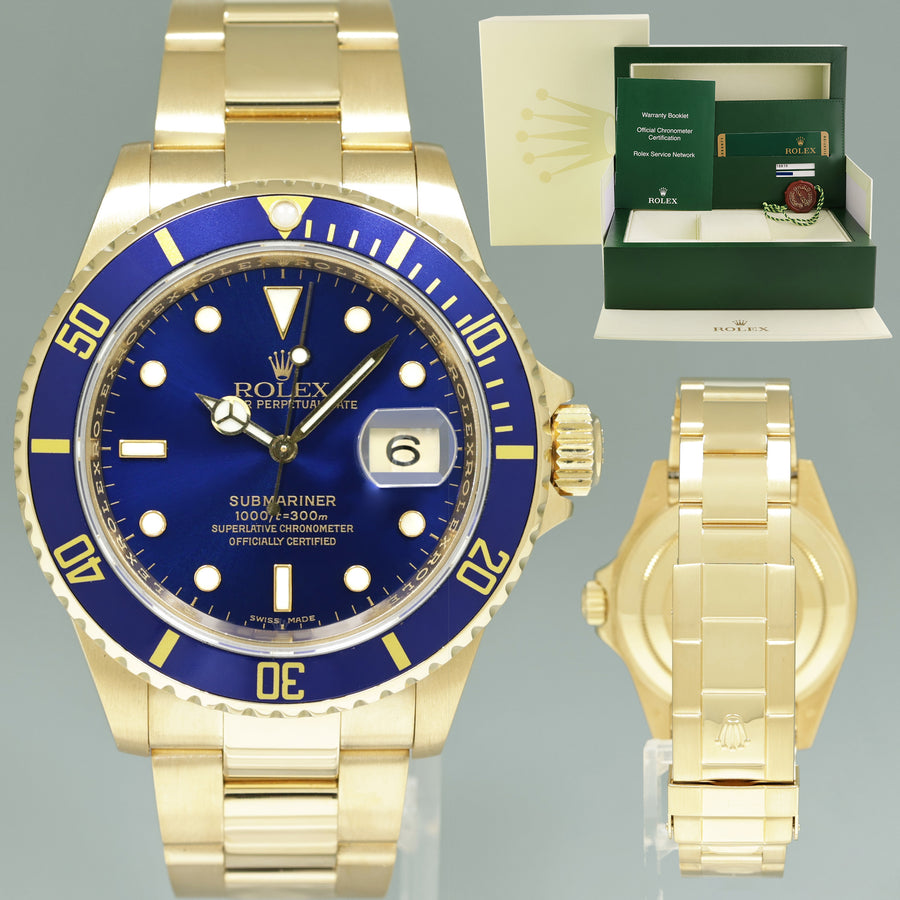 PAPERS 2008 Rolex 16618 Submariner Yellow Gold Blue Rehaut Sunburst Dial Watch Box