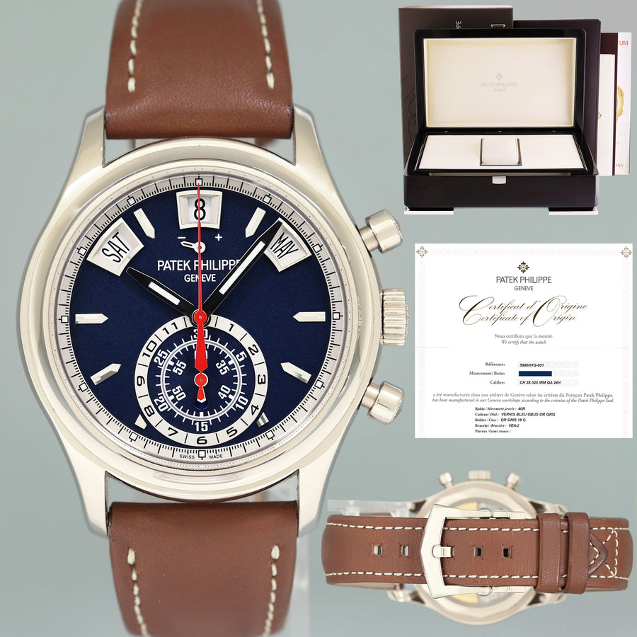 2018 PAPERS MINT Patek Philippe 5960G White Gold Chrono Blue Calendar 40.5mm Watch