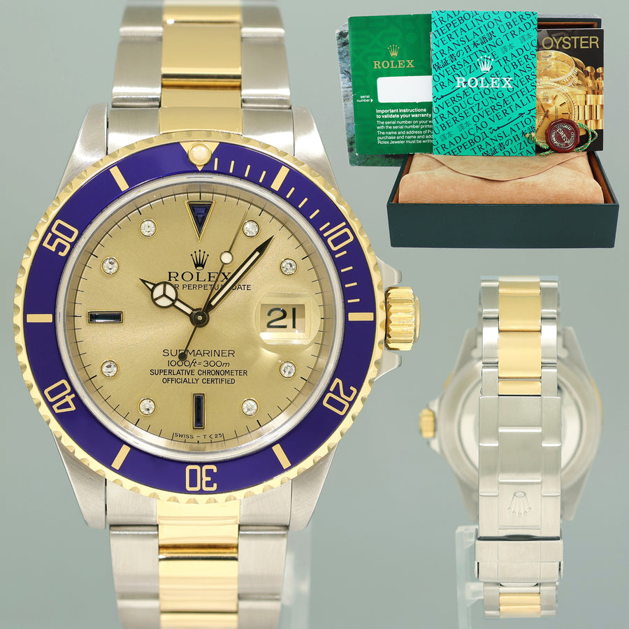 MINT Rolex Submariner 16613 Two Tone Gold Champagne Serti Diamond Watch Box