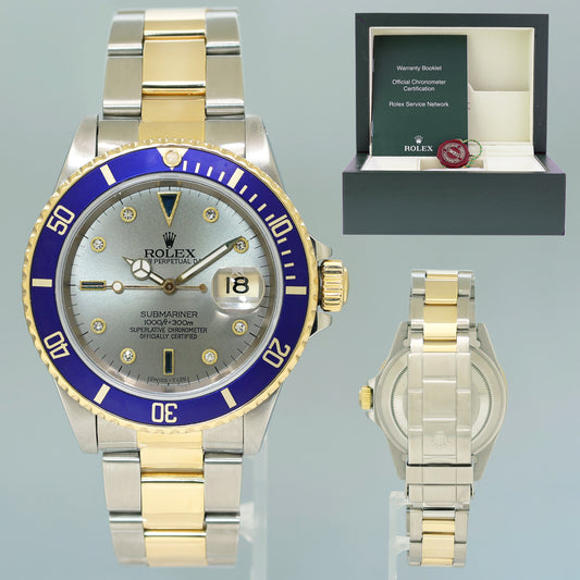 MINT Rolex Submariner 16613 Two Tone Yellow Gold Silver Serti Diamond Watch Box