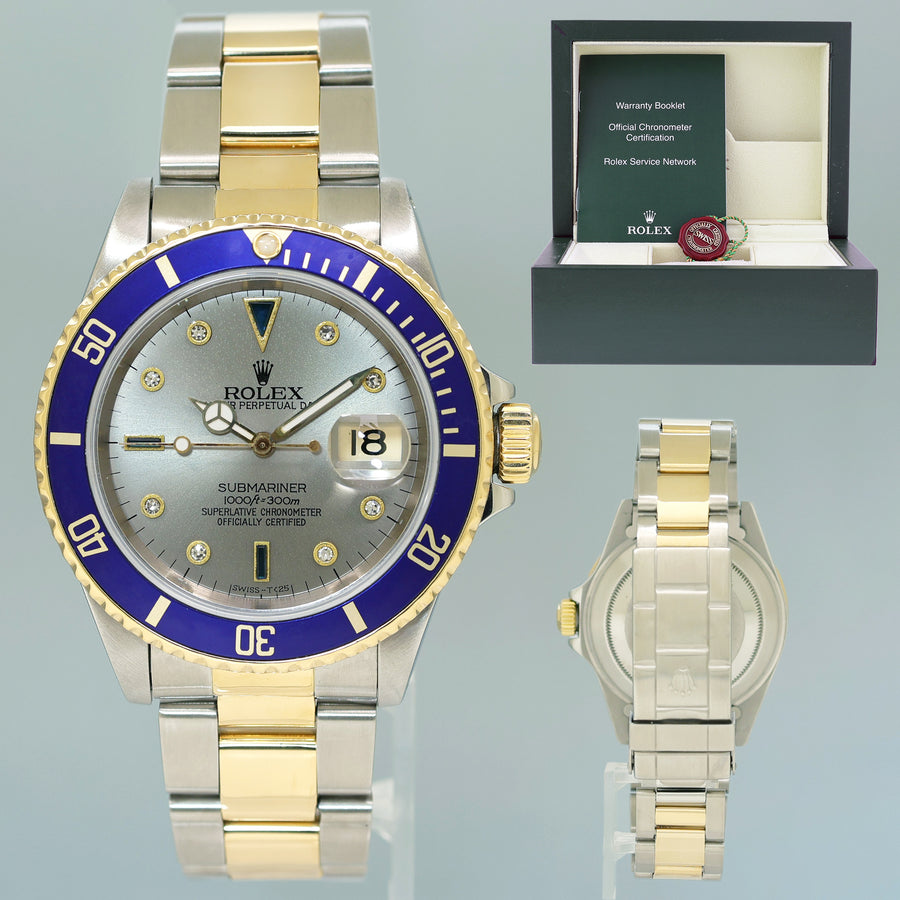 MINT Rolex Submariner 16613 Two Tone Yellow Gold Silver Serti Diamond Watch Box