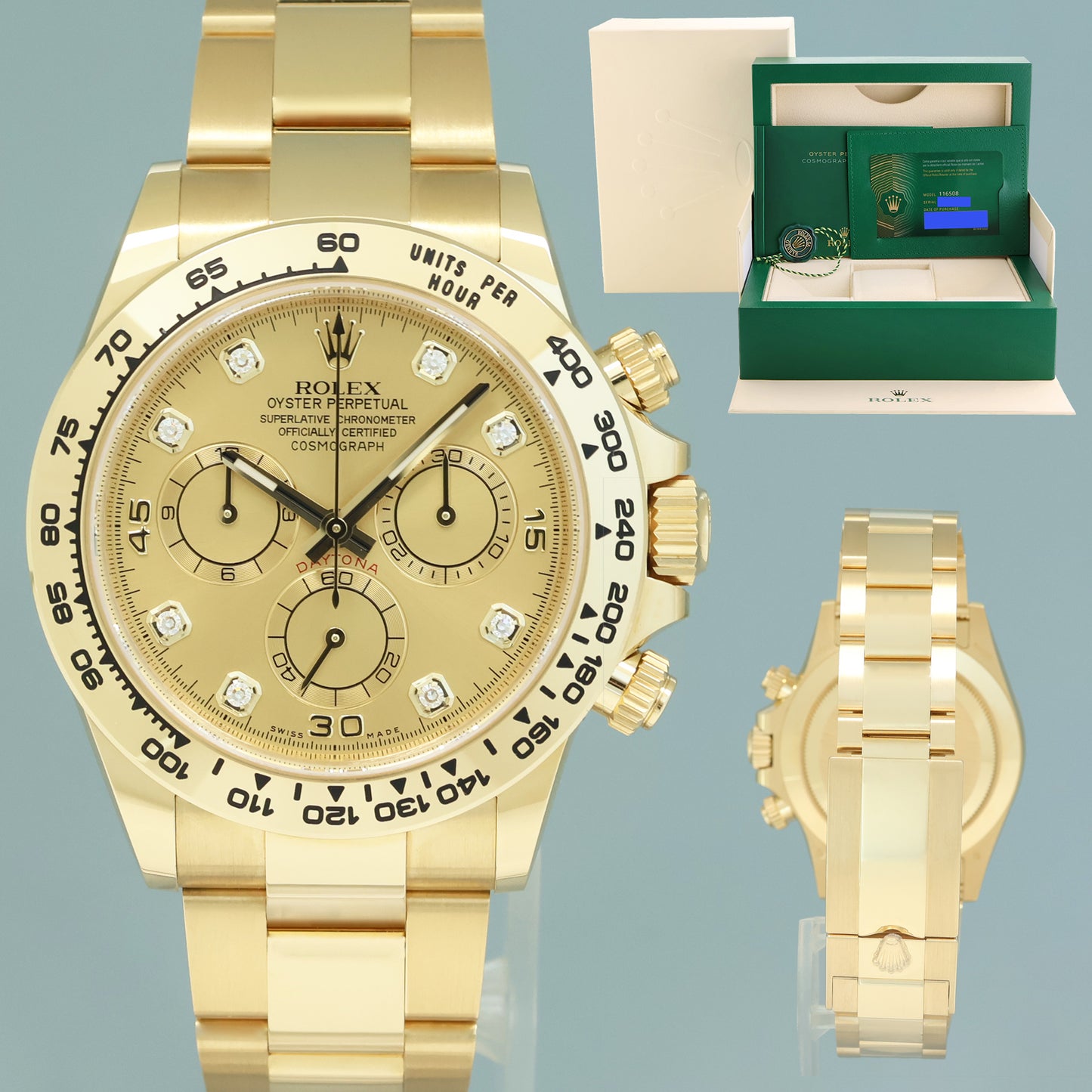 2022 NEW PAPERS Rolex Daytona 116508 Champagne Diamond Chrono Yellow Gold Watch