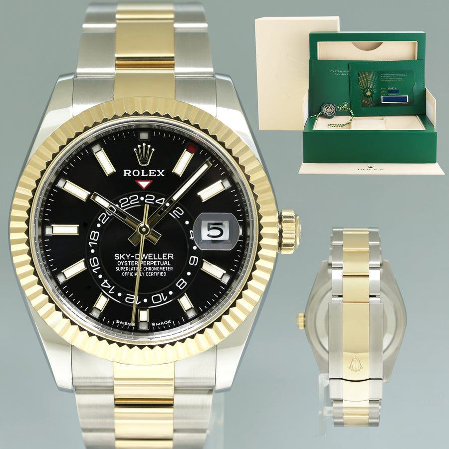 2024 NEW PAPERS Rolex Sky-Dweller Two Tone Gold Black Oyster 42mm 336933 Watch