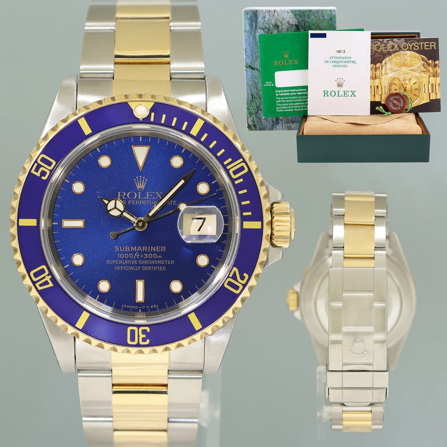 1996 MINT PAPERS Rolex Submariner 16613LB Gold Steel Two Tone Yellow Gold Sunburst Blue Dial Watch
