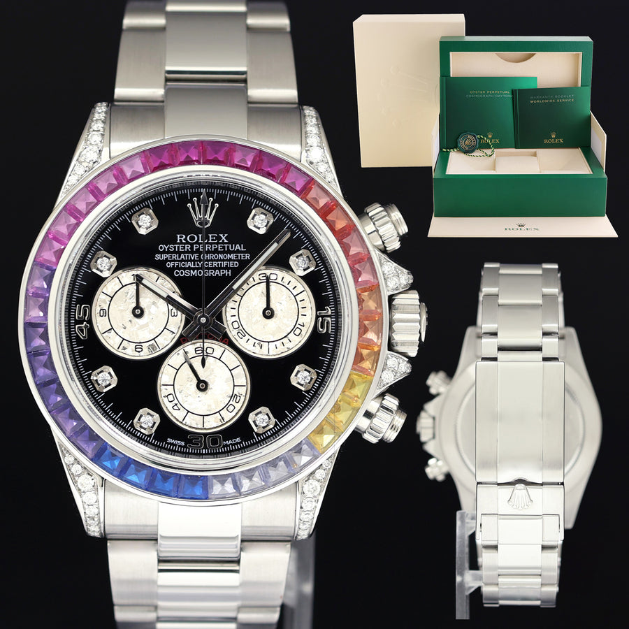 MINT Rolex Daytona 116520 Black Rainbow Diamond Steel 40mm Watch Box