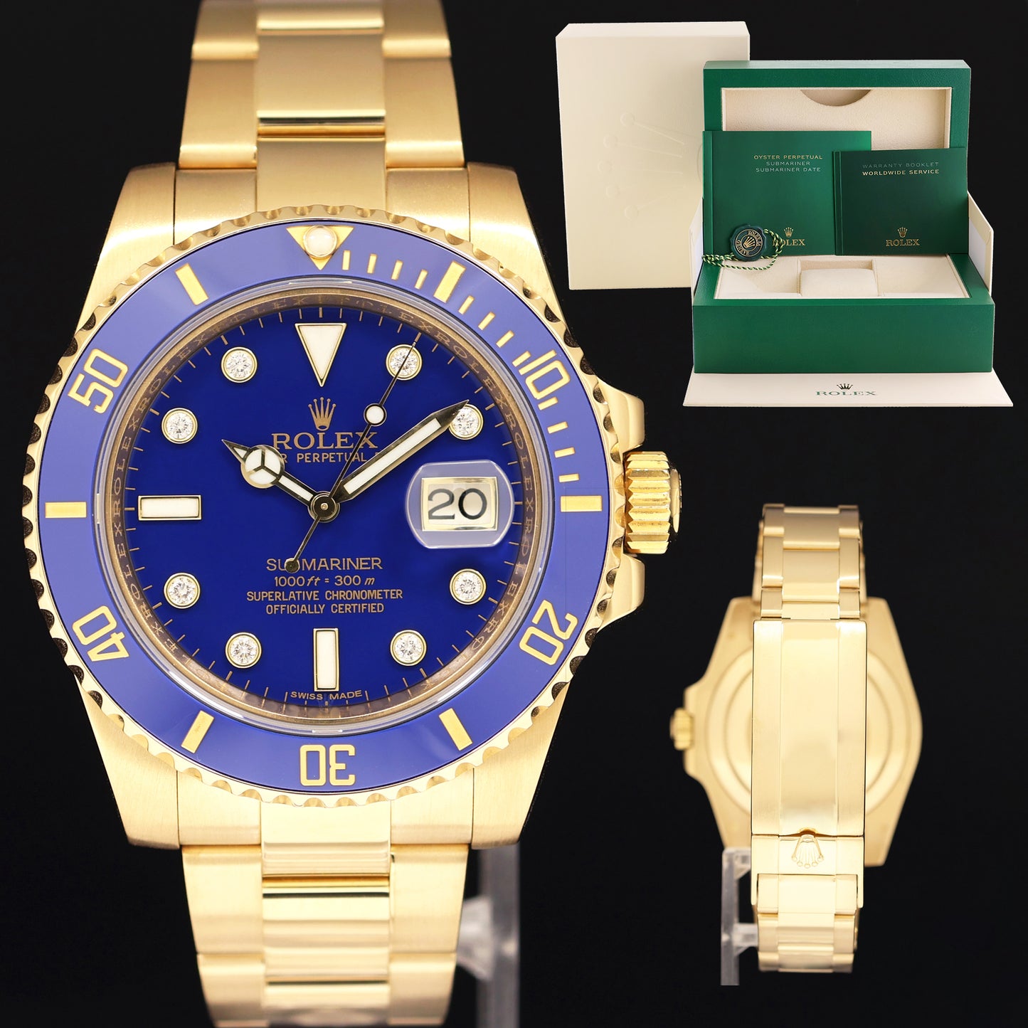 2018 MINT Rolex Submariner Ceramic Blue Serti Diamond 116618 Yellow Gold 40mm Watch