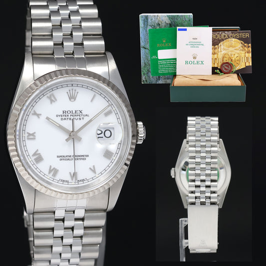 1998 PAPERS Rolex DateJust 16234 White Roman Jubilee Gold Fluted Watch Box