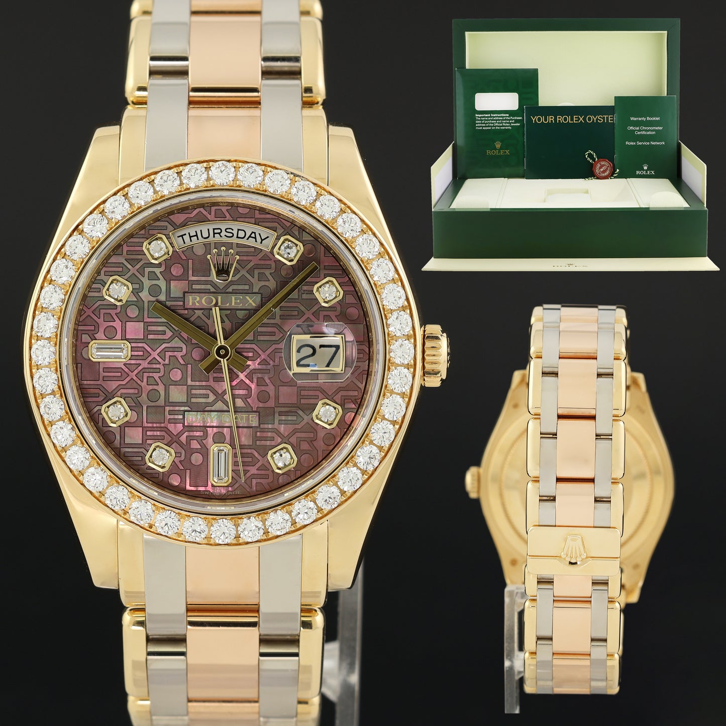 2014 MINT Rolex Masterpiece Day Date 18948 Tahitian Dark MOP Diamond Tridor Gold Watch