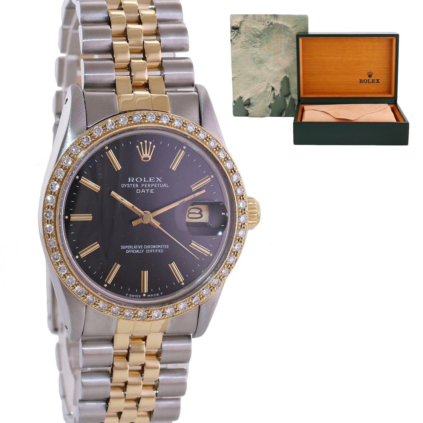 DIAMOND Bezel Rolex Oyster Perpetual Date Two Tone Steel Gold Black Stick Watch 15053