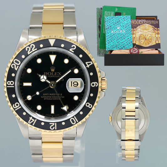 MINT Rolex GMT-Master II 16713 Black Two-Tone Yellow Gold and Steel Oyster Watch Box
