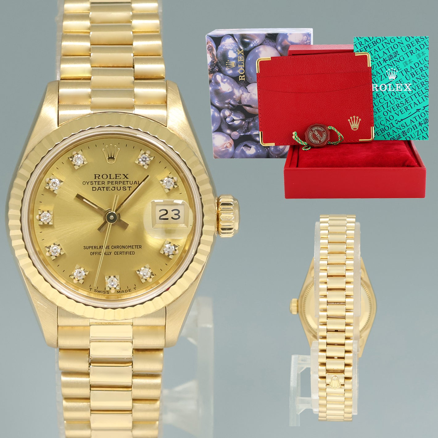 MINT Champagne Diamond Ladies Rolex DateJust President 26mm 69178 Yellow Gold Watch