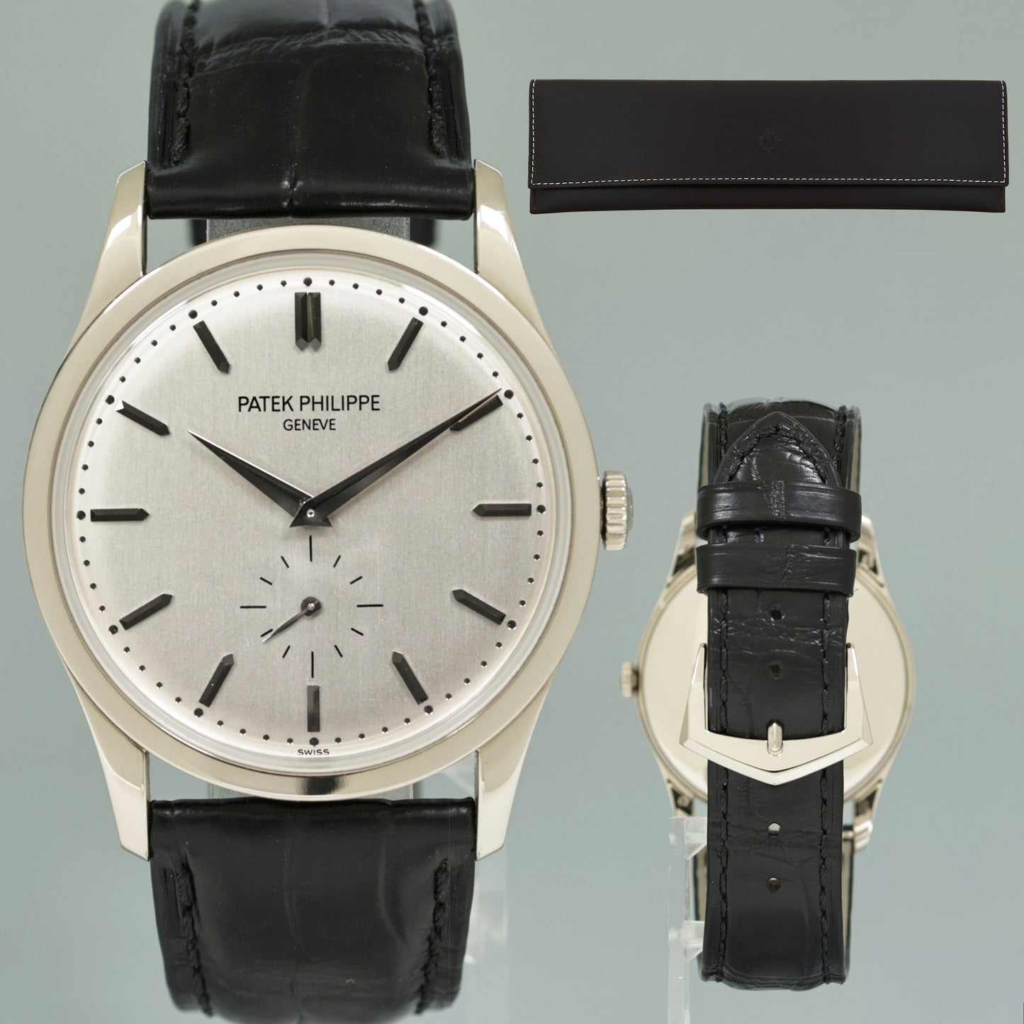MINT Patek Philippe 5196G 37mm 18k White Gold Calatrava Black Leather Watch Box