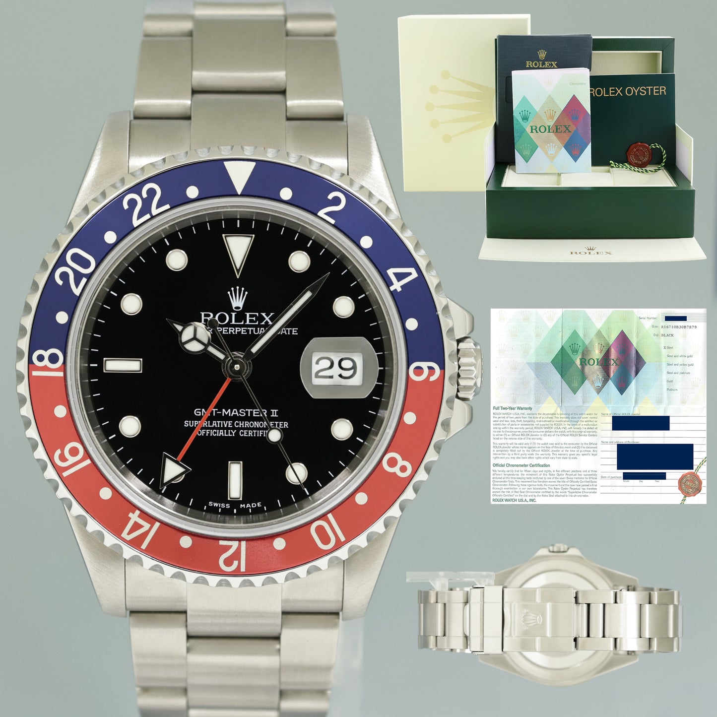 MINT 2007 PAPERS Rolex GMT-Master 2 Pepsi 40mm Blue Red Steel 16710 Watch Box