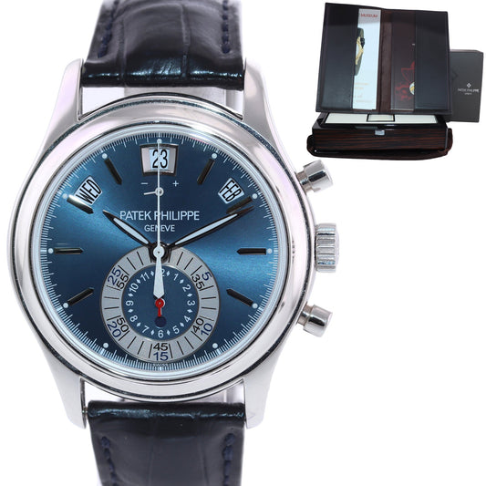 MINT Patek Philippe 5960P Platinum Chrono Blue Leather Annual Calendar 40.5mm Watch
