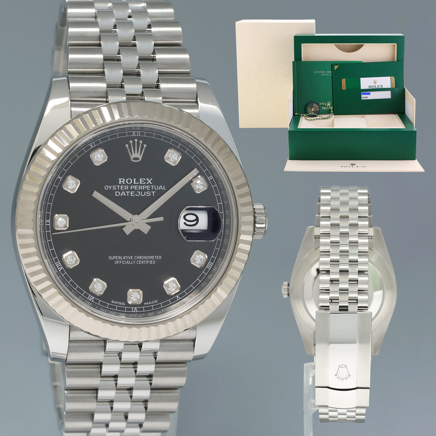 MINT PAPERS Rolex DateJust 126334 Jubilee Black Diamond White Gold Fluted Watch