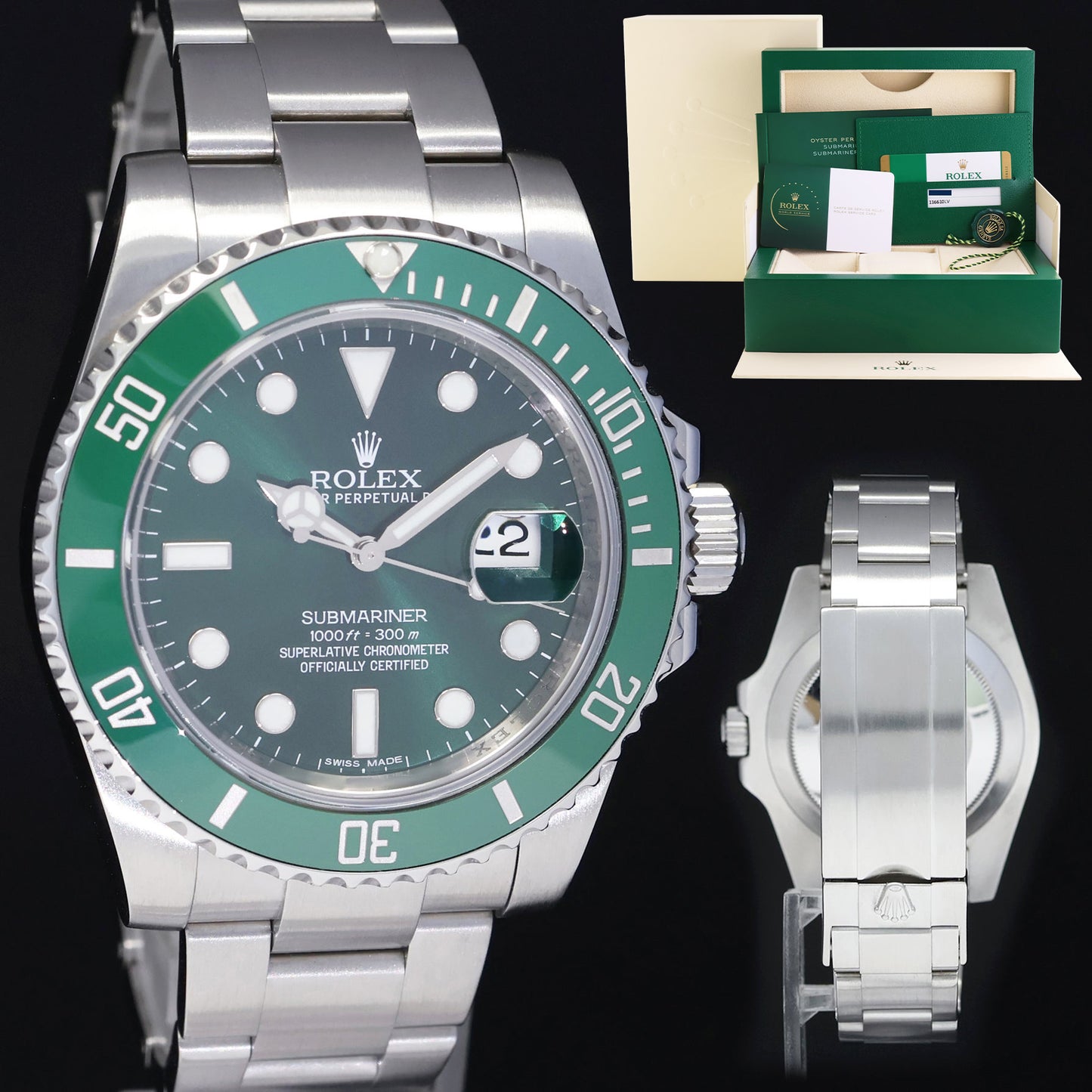 MINT 2015 PAPERS & RSC Rolex 116610LV Submariner Hulk Green Dial Ceramic Watch Box