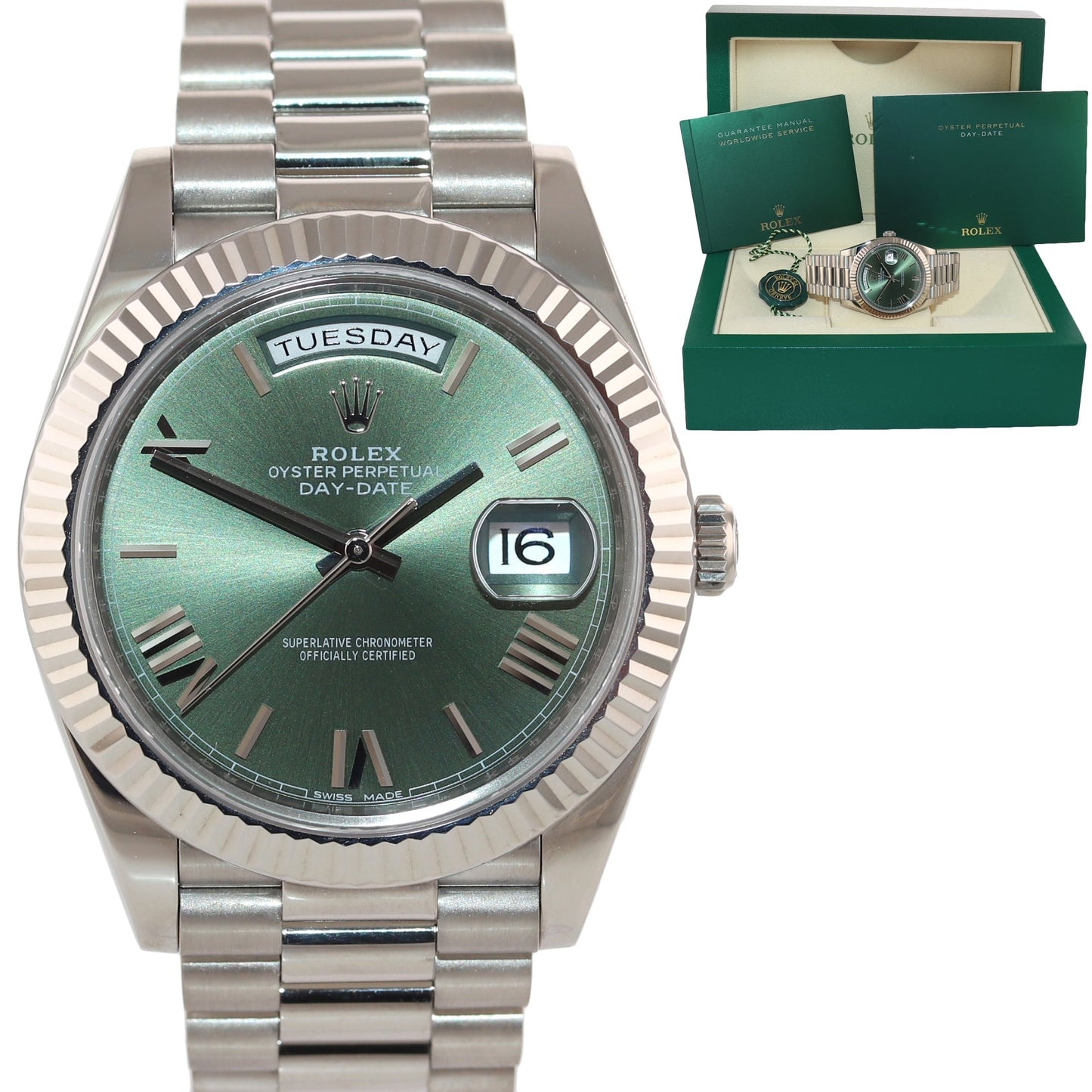 2021 MINT Rolex Day Date 40 White Gold President GREEN OLIVE 228239 Watch Box