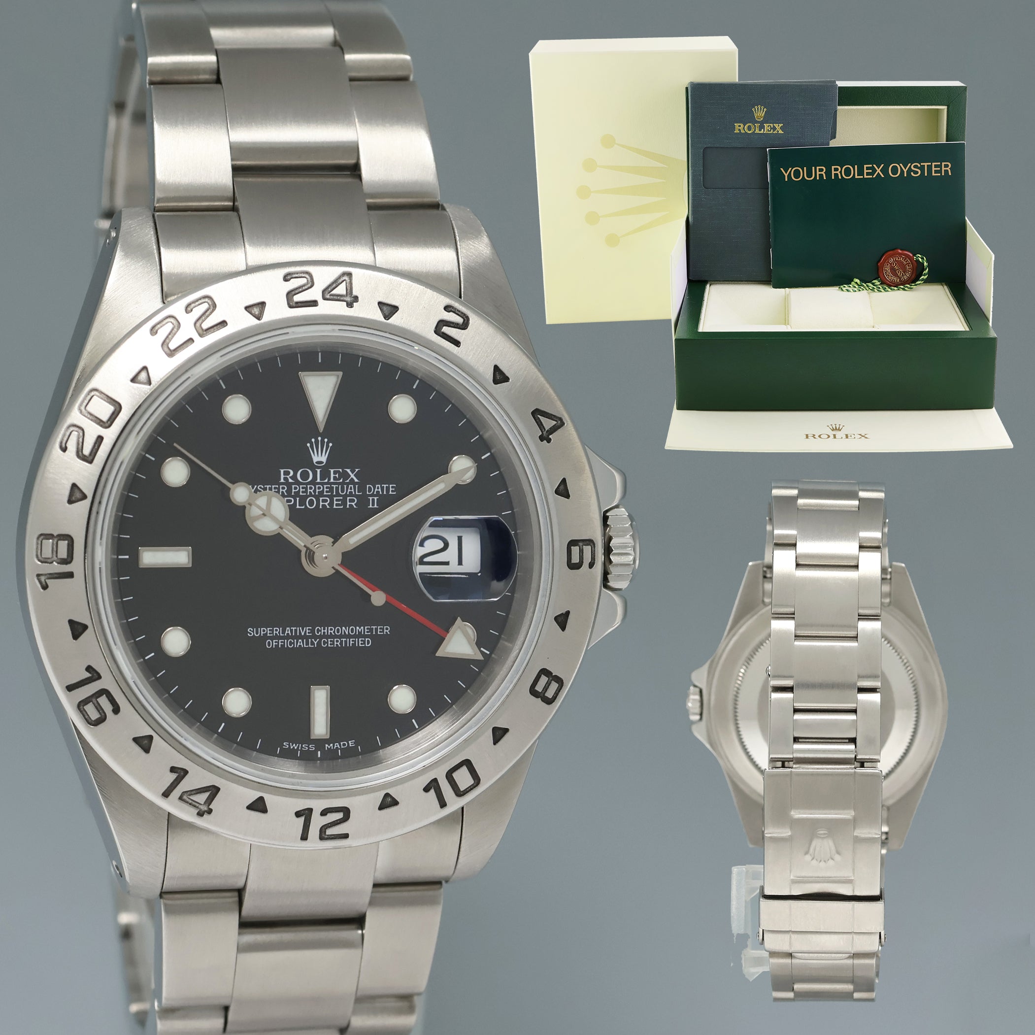 MINT 2002 Rolex Explorer II 16570 Stainless Steel Black Dial GMT 40mm Watch Box