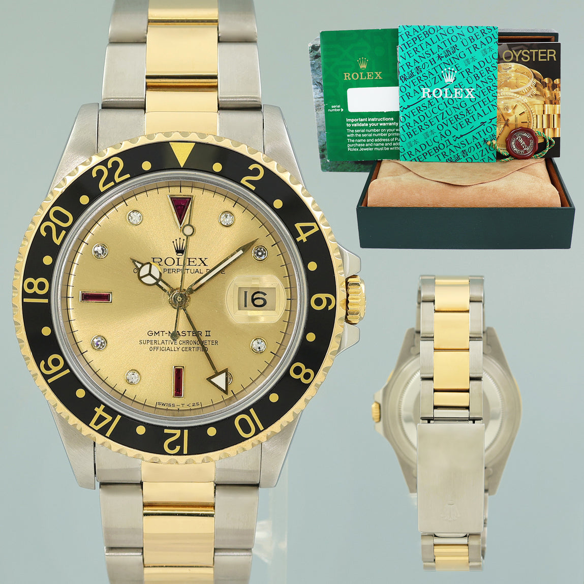 Rolex GMT-Master 16713 Two-Tone Yellow Gold Champagne Serti Ruby