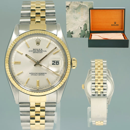 Rolex DateJust 1601 Steel Two Tone Yellow Gold 36mm Jubilee Silver Pie Pan Watch Box