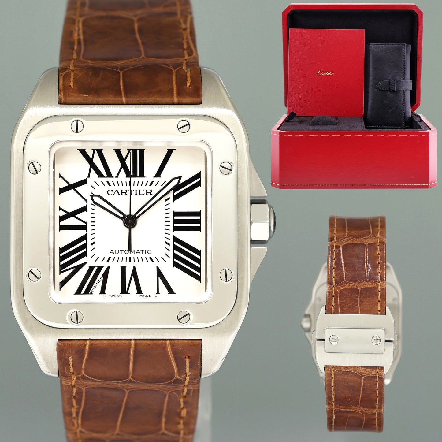 Papers Cartier Santos 100 XL Automatic Steel 2656 Roman Dial W20072X7