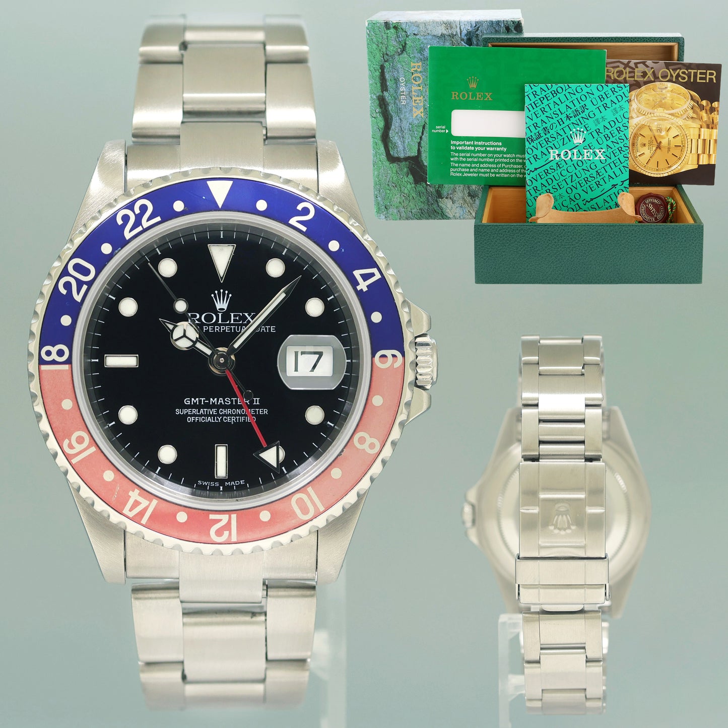 2002 Rolex GMT-Master II 2 Pepsi Blue Red Steel 16710 Watch Black Watch Box