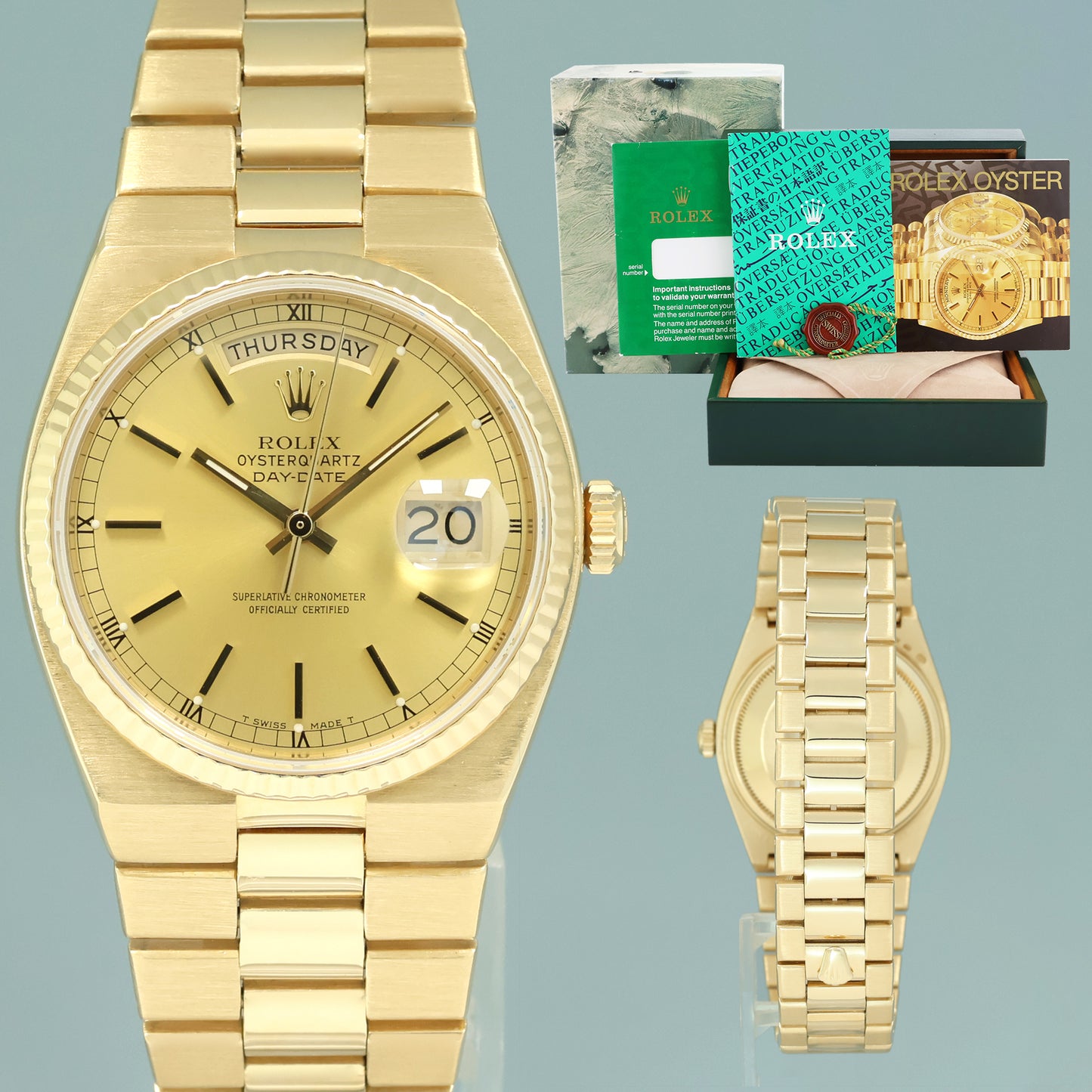 Rolex OysterQuartz 19018 Day Date President Champagne Yellow Gold 36mm Watch Box