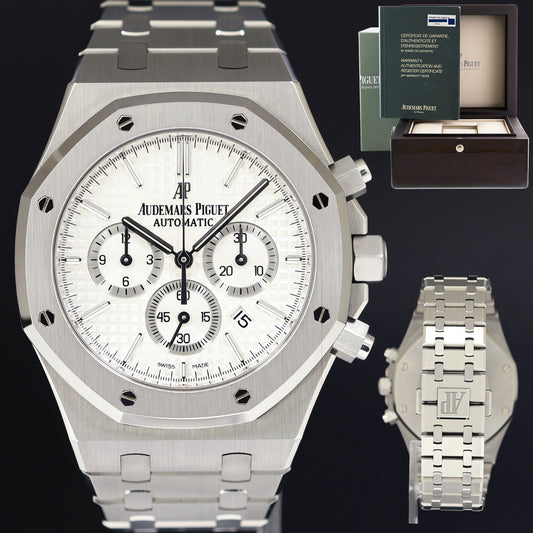 2016 PAPERS MINT Audemars Piguet Royal Oak Steel White Chrono 41mm Watch 26320ST