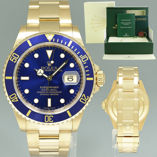 MINT 2007 Rolex 16618 Submariner Yellow Gold Blue Sunburst Dial Watch Box