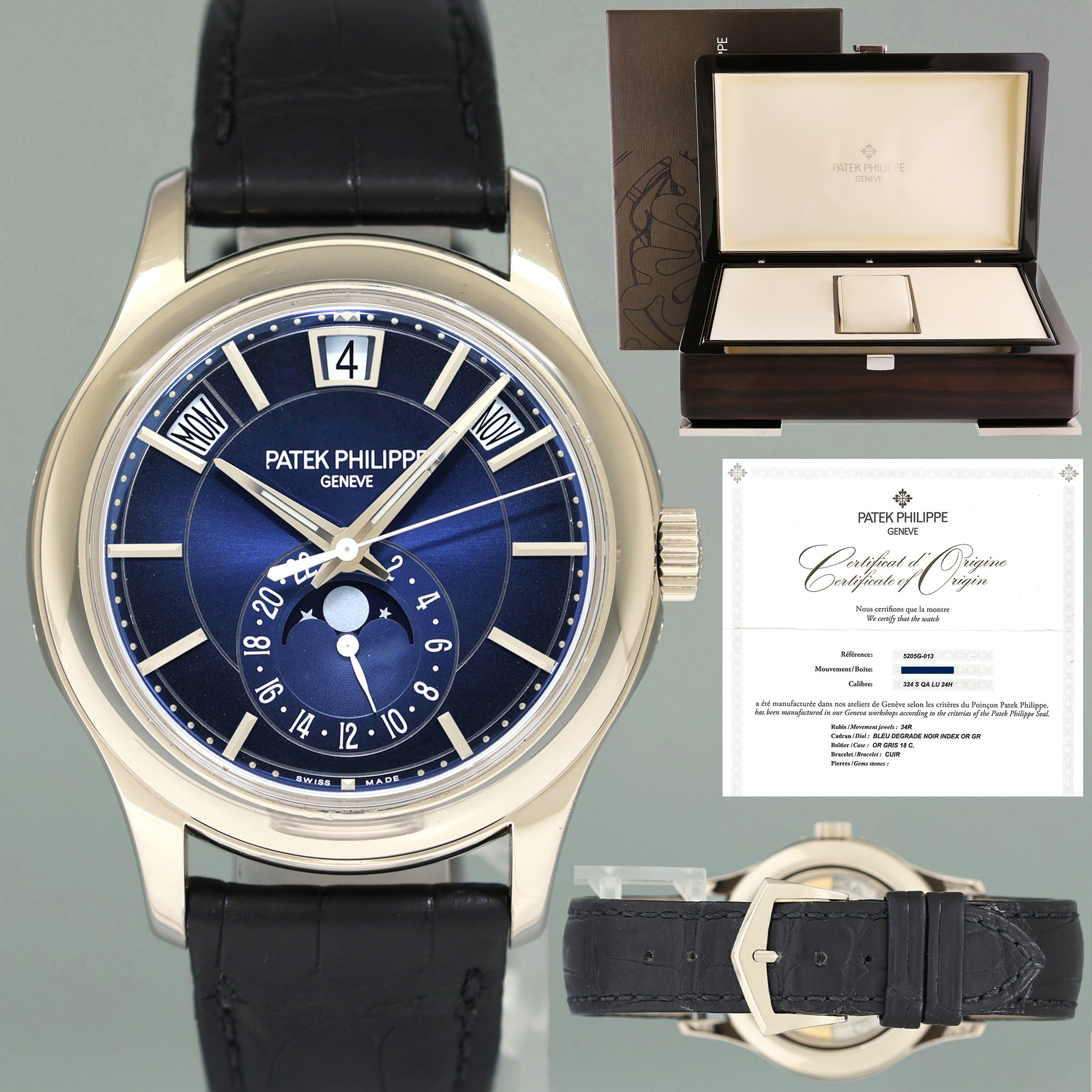 2025 Patek Service PAPERS Patek Philippe 5205G White Gold Annual Calendar Blue Watch