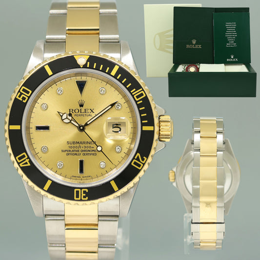 2007 MINT Rolex Gold Buckle Rolex Submariner 16613 Two Tone Gold Black Serti Diamond Watch