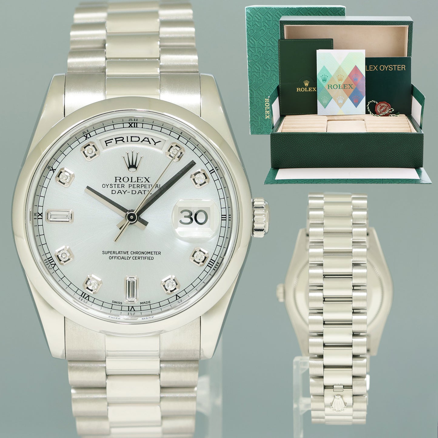 2007 PAPERS MINT Rolex Platinum 36mm President 118206 Glacier Blue Diamond Watch Box