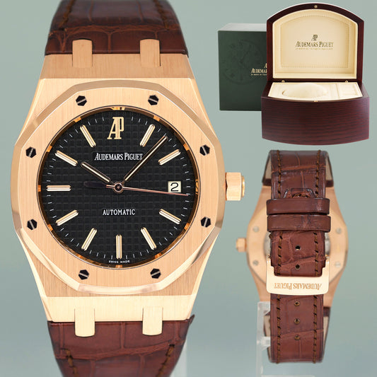 MINT Audemars Piguet AP Royal Oak Rose Gold 15300OR 39mm Black Leather Watch Box