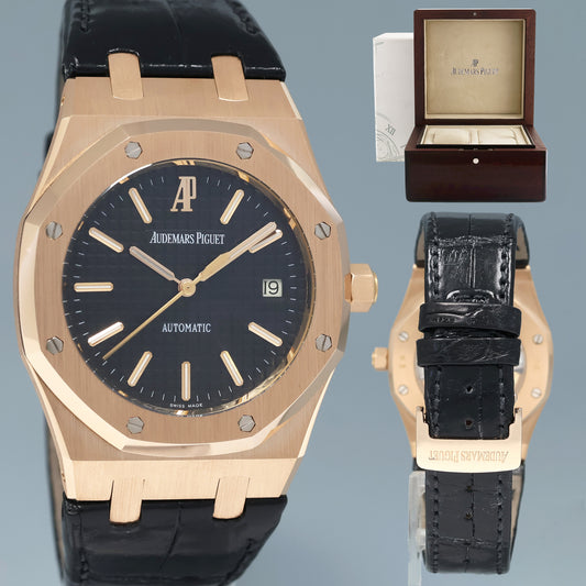 2012 MINT Audemars Piguet AP Royal Oak Rose Gold 15300OR 39mm Black Leather Watch