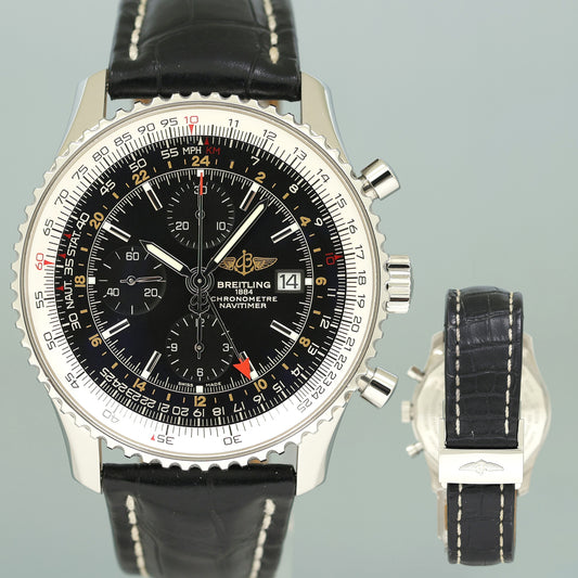 MINT Breitling Navitimer World A24322 46mm Black Steel Chrono GMT Watch