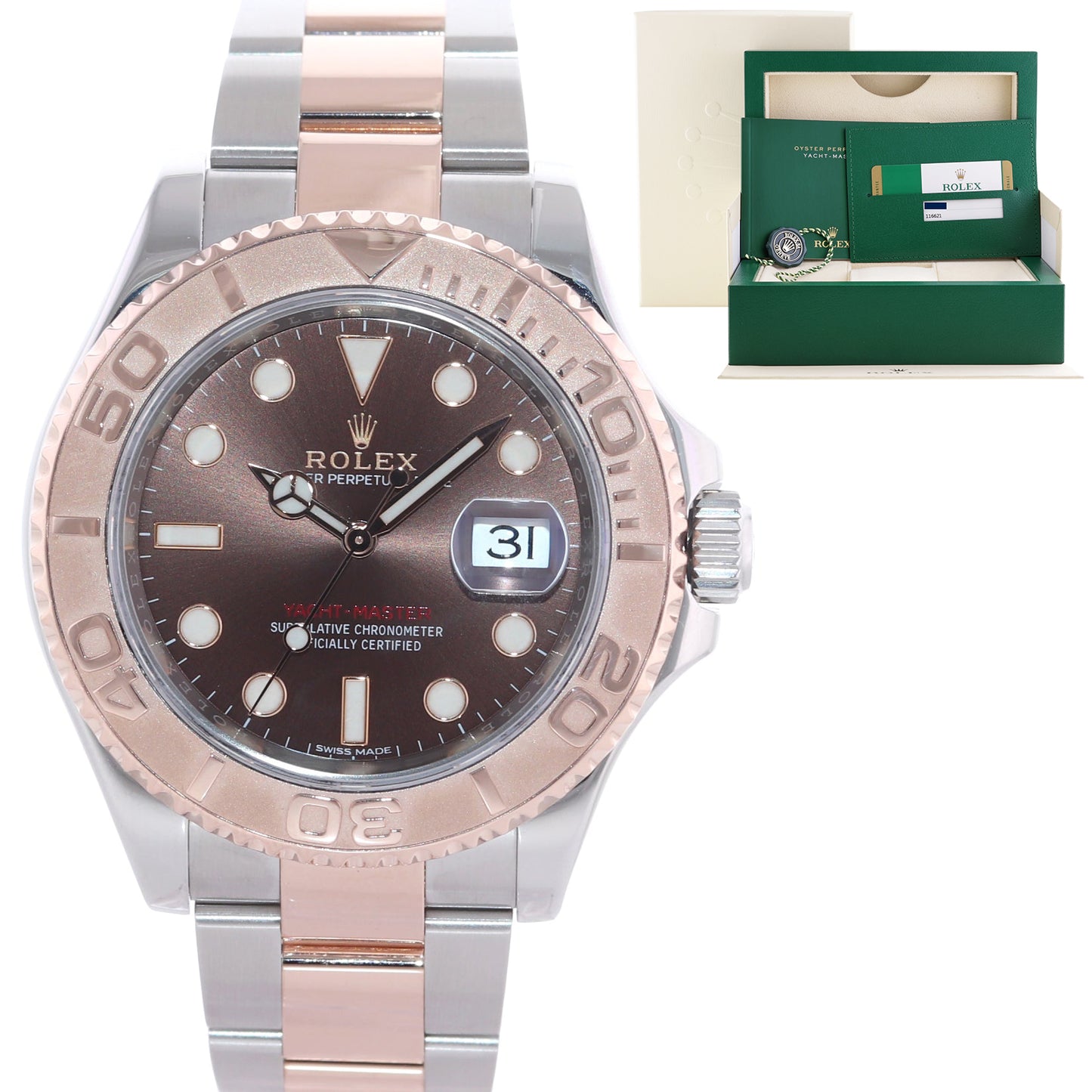 PAPERS MINT 2018 Rolex Yacht-Master 116621 CHOCOLATE 40mm Rose Gold Steel Watch