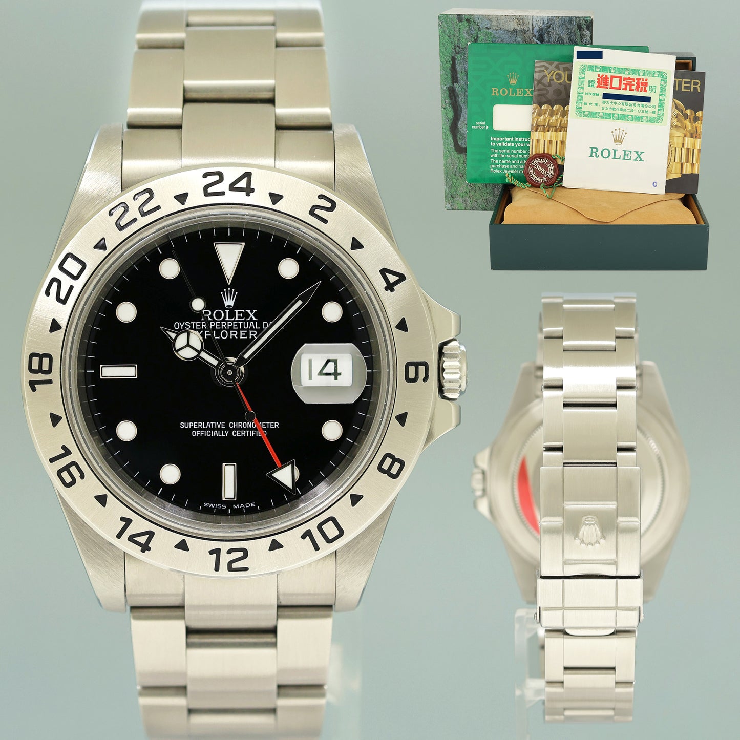PAPERS MINT 2001 Rolex Explorer II 16570 Stainless Steel Black Dial GMT 40mm Watch Box