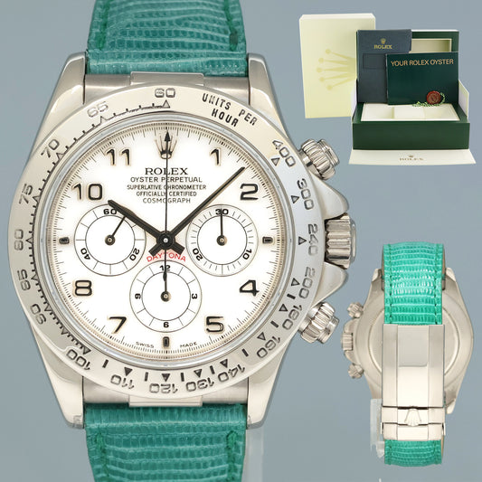 Rolex Daytona White Gold Zenith 16519 MOP Arabic Green Beach strap White Gold Watch