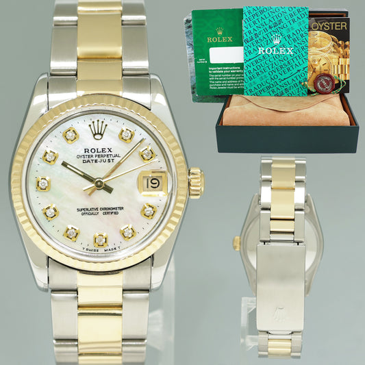 MINT Ladies Rolex 68273 Two Tone Yellow Gold Steel 31mm Pearl Diamond Oyster Watch