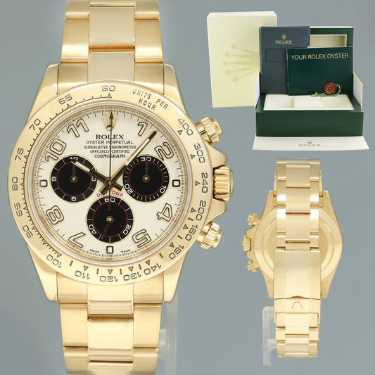 MINT Rolex Daytona 116528 White Panda Arabic Cosmograph Yellow Gold Watch Box