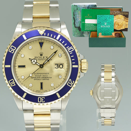 MINT Rolex Submariner 16613 Two Tone Gold Champagne Serti Diamond Watch Box